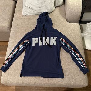 Cute & Pretty PINK Dark Blue Cozy Sweatshirt With Colorful Stripes On Each Arm!